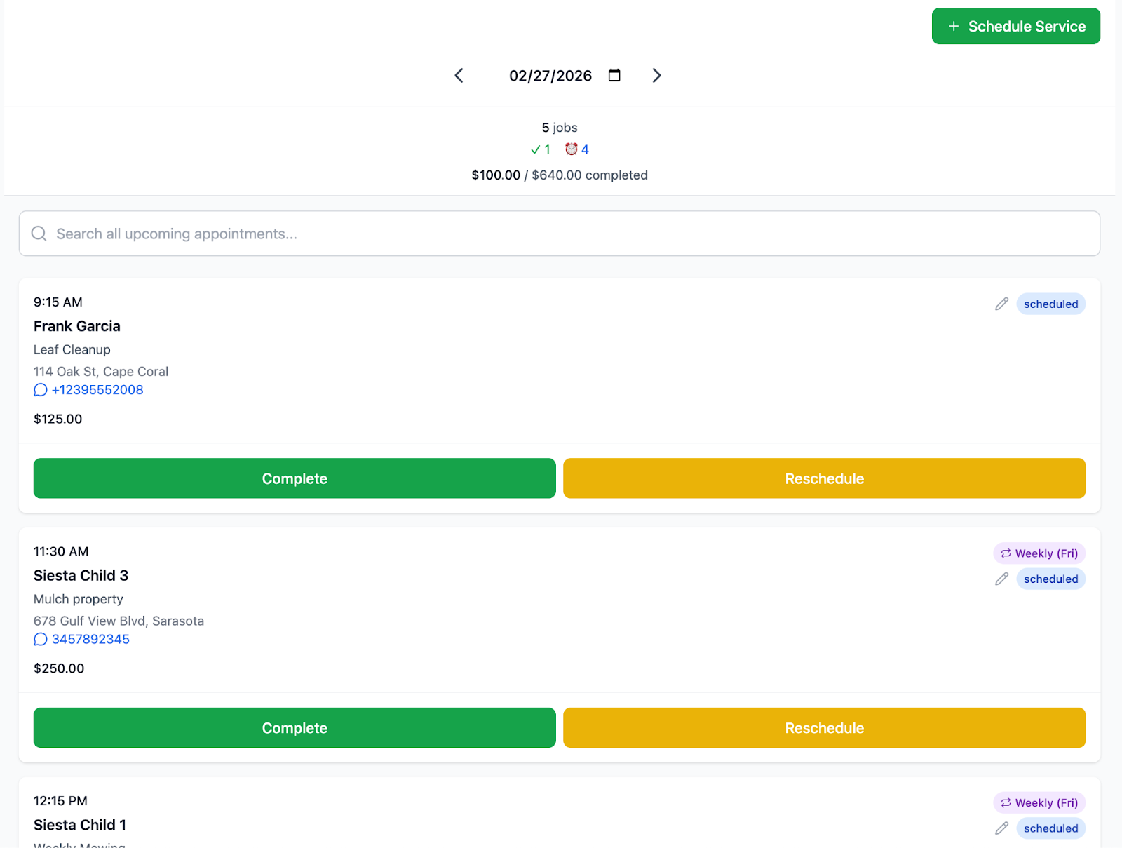 FieldPlexus lawn care scheduling software — daily jobs view with complete and reschedule buttons