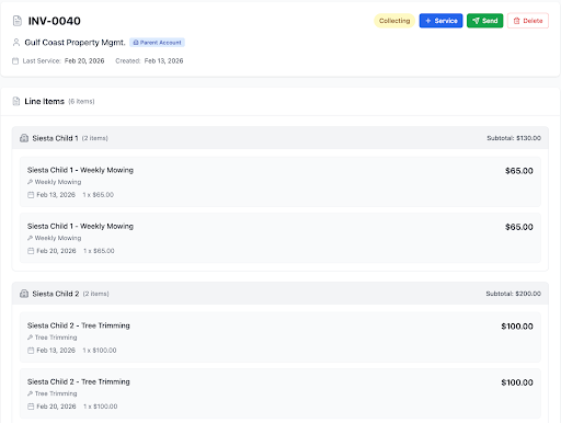 FieldPlexus lawn care invoicing software — collecting invoice with line items grouped by property